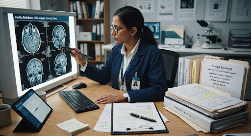 Physician forensic officer examining radiographic MRI scan on backlit screen alongside legal health insurance claim documentation files.