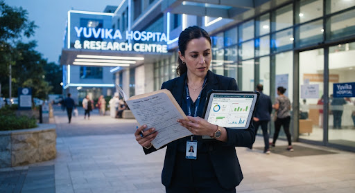 Forensic investigator reviewing paper medical records and digital tablet outside modern hospital facility with blue and white clinical architectural lighting.