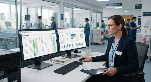 Healthcare auditor analyzing intensive care unit patient census and digital bed assignment monitors in large enterprise hospital ward.