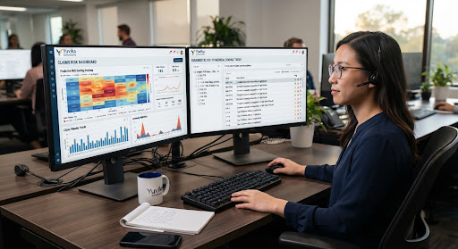 High tech claims analyst workstation with dual displays showing predictive risk scoring heatmaps and diagnostic ICD-10 medical code trees.